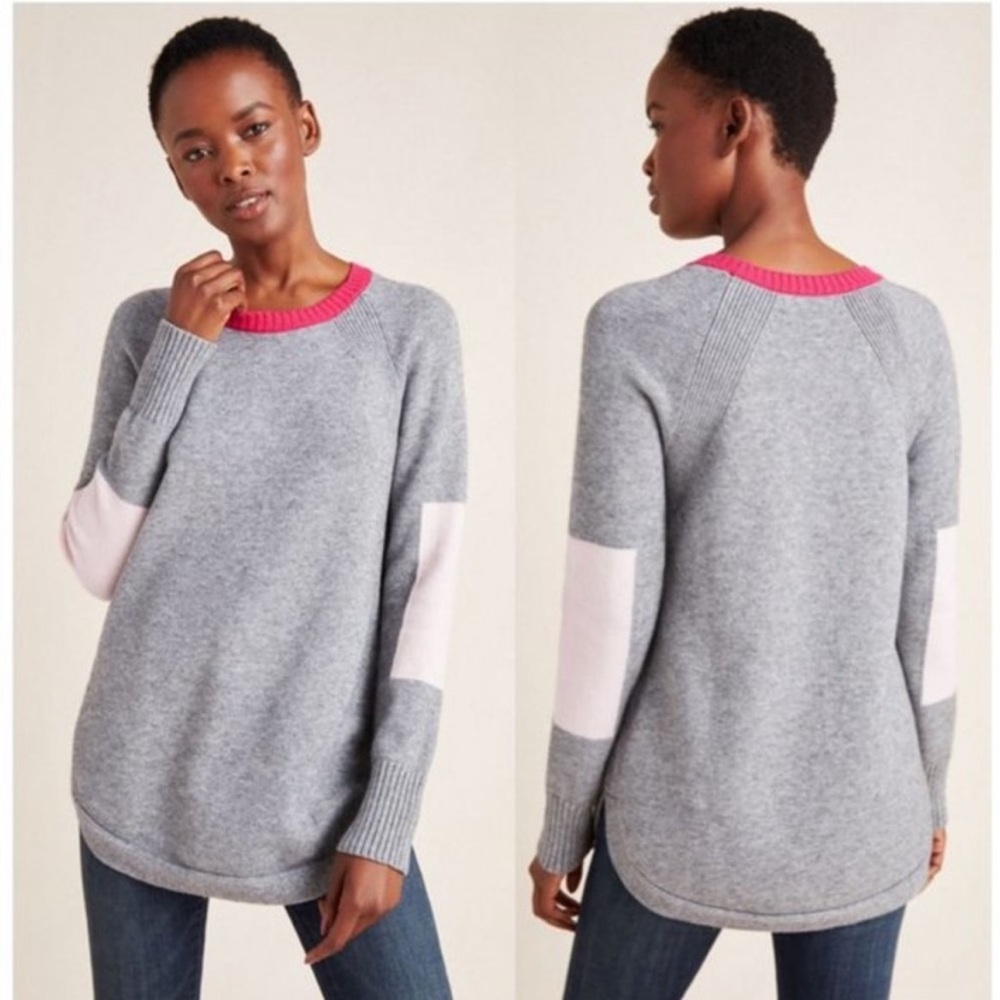 Anthropologie Gray Sweater with Pink Trim and Pale Pink Elbow Patches